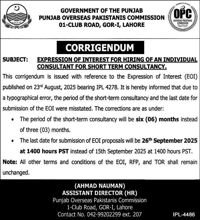 Punjab Overseas Pakistanis Commission Lahore Tender Notice